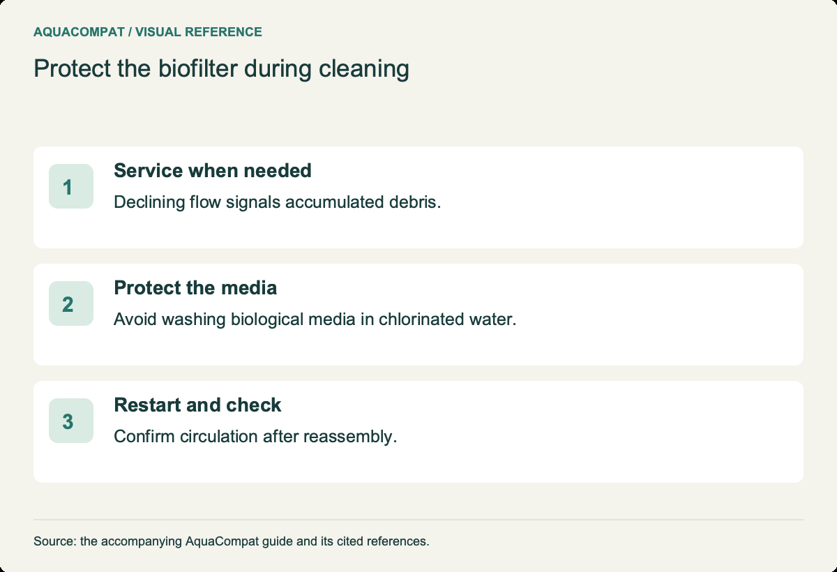 Service when needed: Declining flow signals accumulated debris. Protect the media: Avoid washing biological media in chlorinated water. Restart and check: Confirm circulation after reassembly.