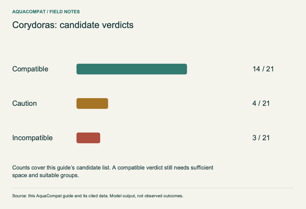 compatible: 14 of 21 candidates; caution: 4 of 21 candidates; incompatible: 3 of 21 candidates. Model verdicts, not measured success rates.